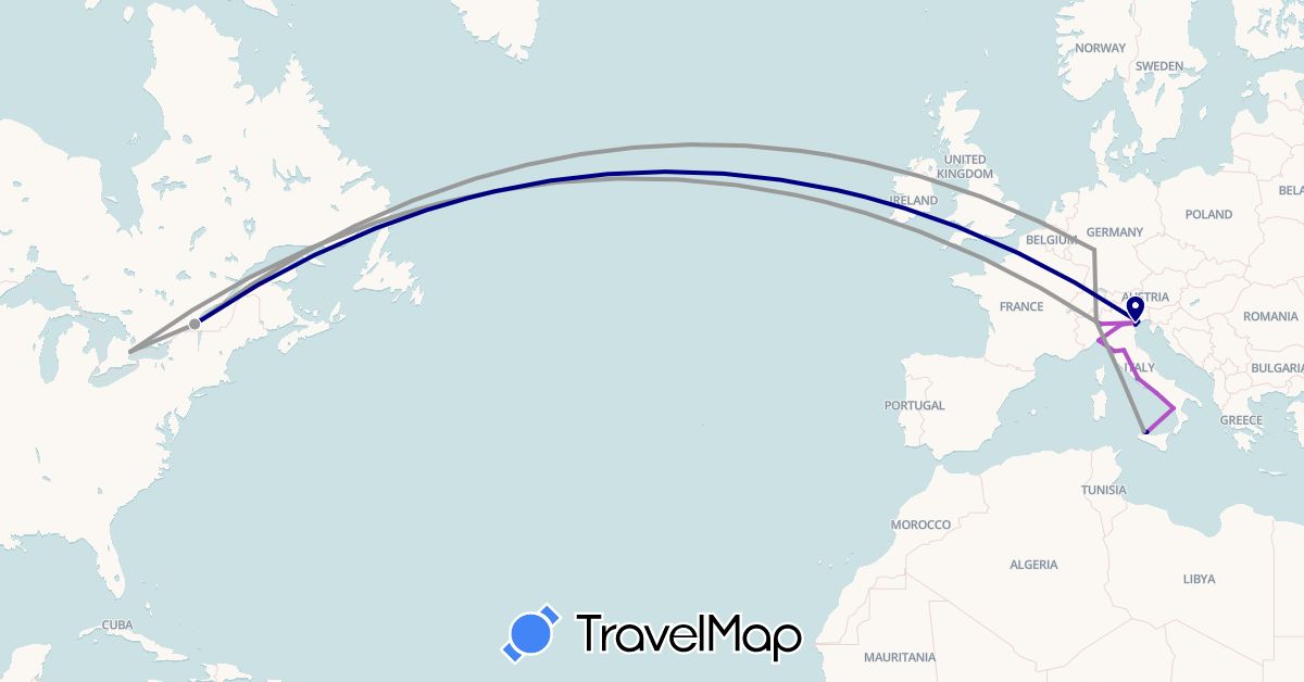 TravelMap itinerary: driving, bus, plane, train, hiking in Canada, Germany, Italy, Vatican City (Europe, North America)